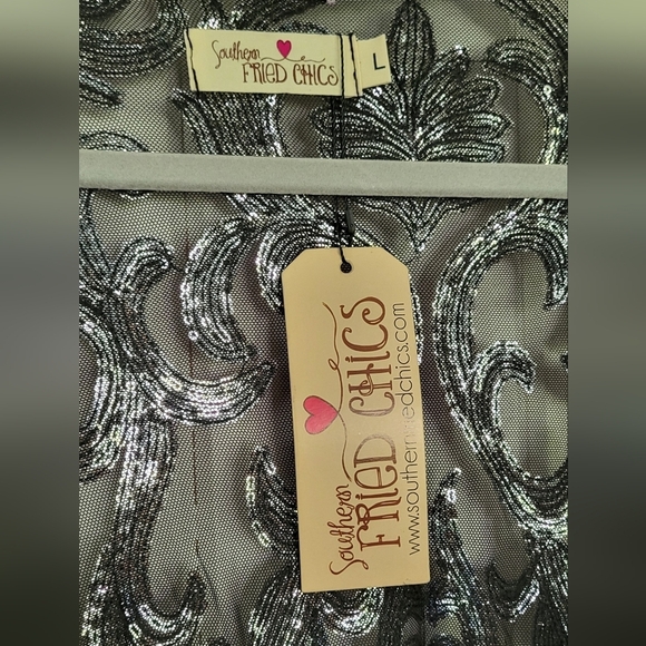 Southern Fried Chicks Nylon Sequin Open Front Longsleeve Duster - Picture 6 of 7